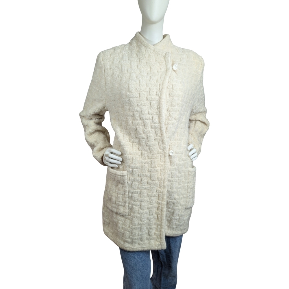 Vintage Cream Textured Wool Cardigan/Coat | Minimalist Knit Jacket